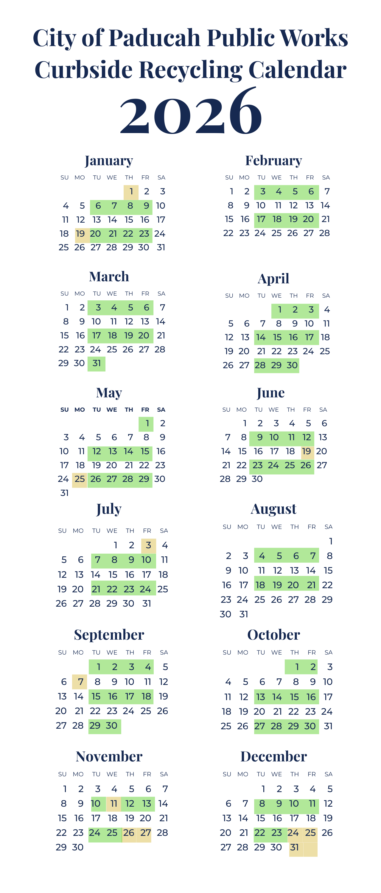 curbside recycling calendar for 2025 and 2026