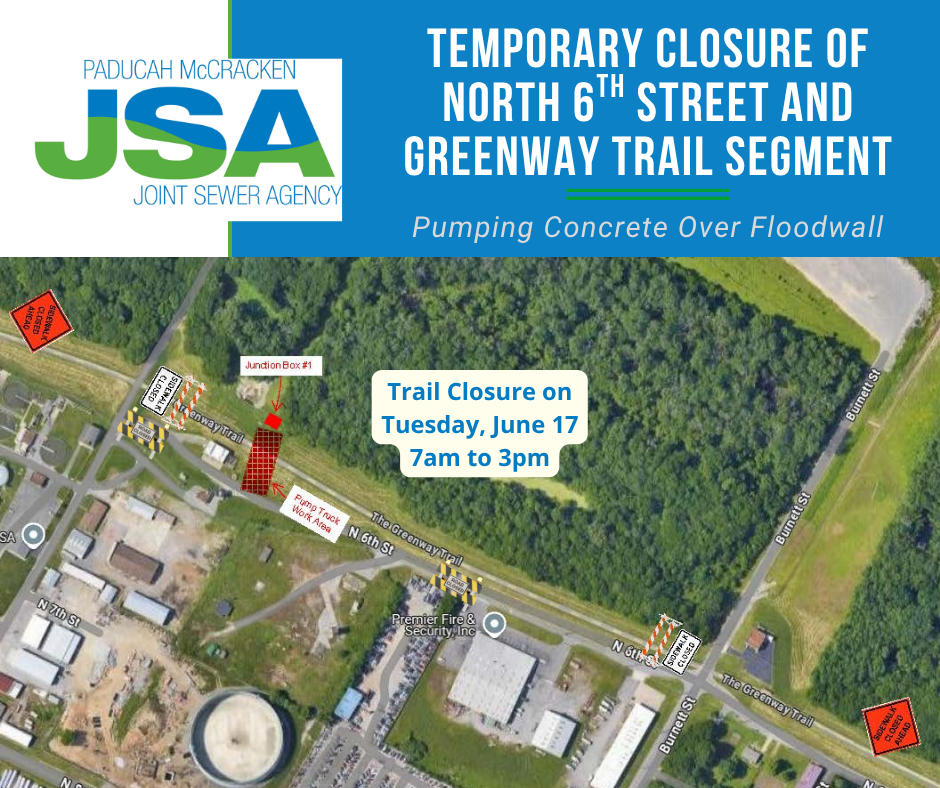 Aerial map showing North 6th Street closure limits and concrete pumping location along Greenway Trail. Includes the Joint Sewer 