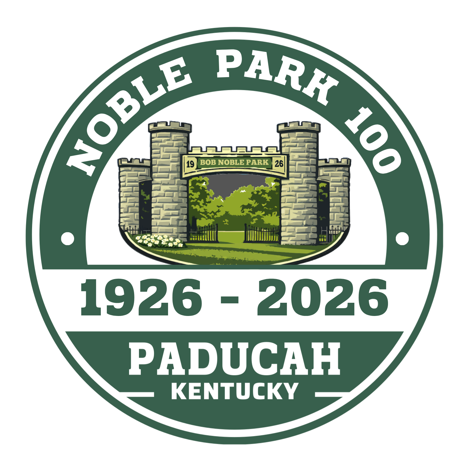 Noble Park 100 logo which shows iconic castle entrance
